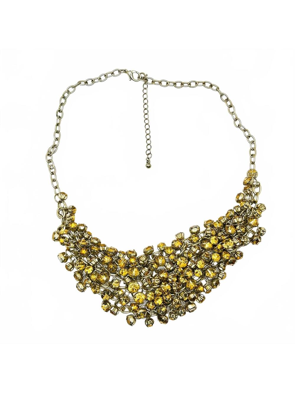 Vintage Y2K Yellow Rhinestone Chain Link Bib Necklace